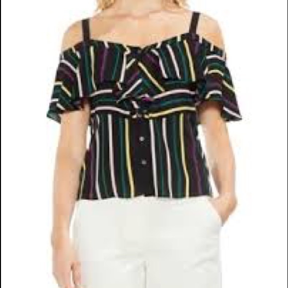 Vince Camuto Paradise Stripe Ruffle Front Tank - Picture 2 of 5